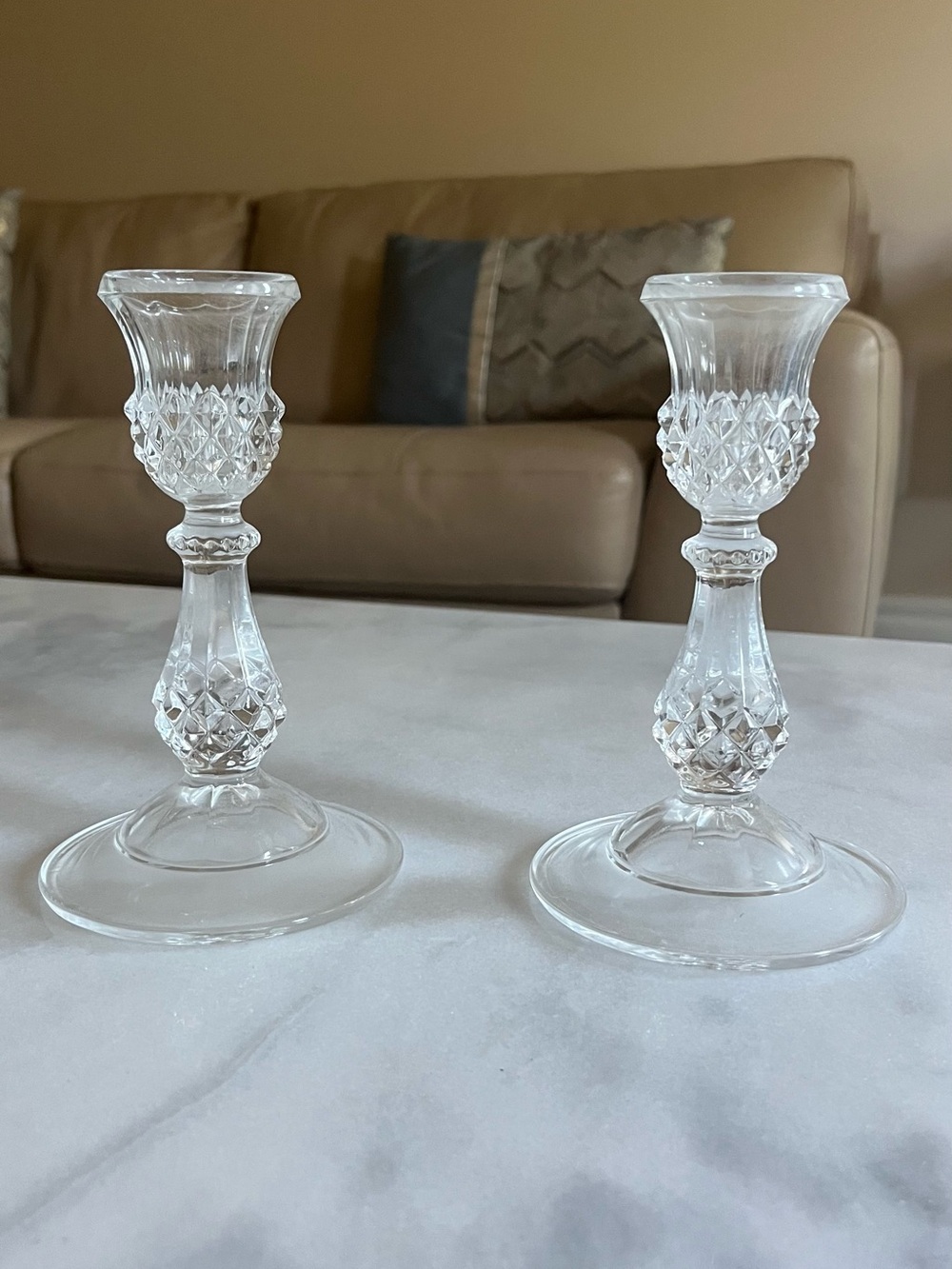 Vintage Pair of Clear Pressed Glass Diamond-Pattern Candlesticks